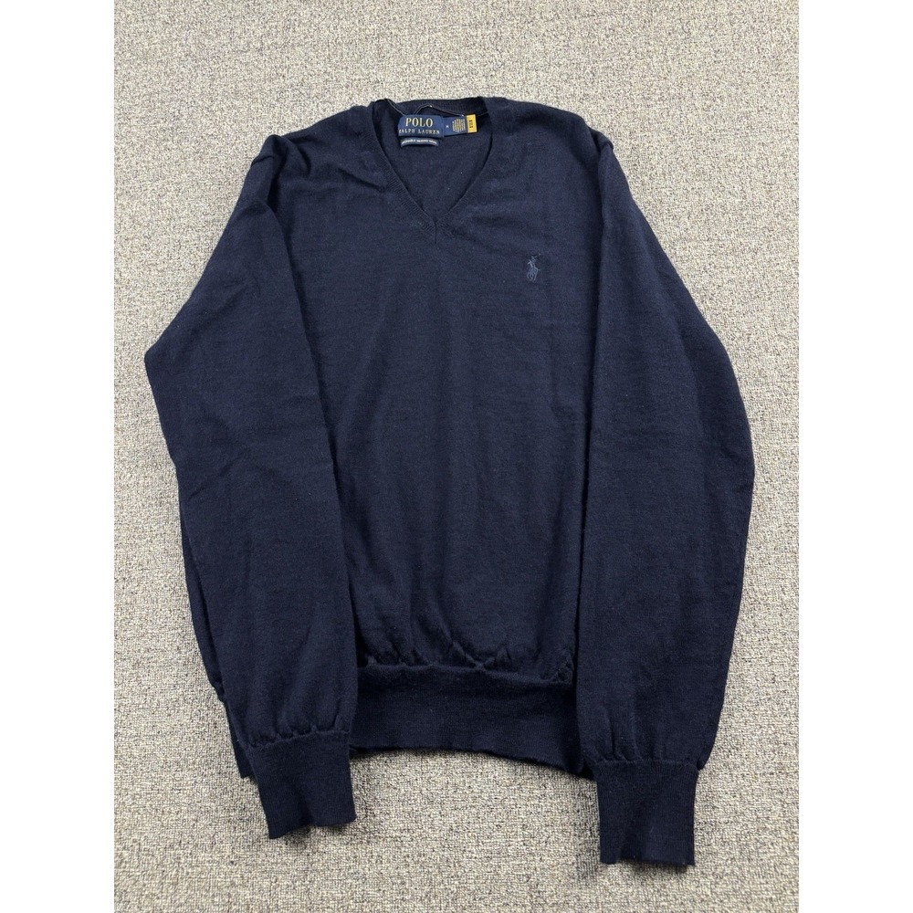 Polo Ralph Lauren Merino Wool Sweater Men's M V-Neck Navy Blue Pullover Preppy